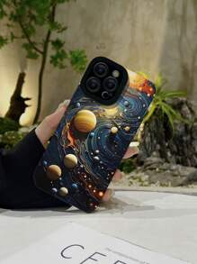 1pc Universe Galaxy Pattern Pu-Leather Shockproof Phone Case Compatible With Iphone - Multicolor - View 3