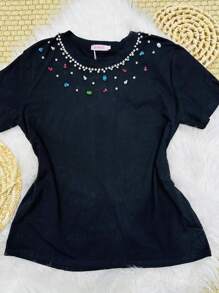 Blusa Feminina T-Shirt Camiseta Manga Curta Malha 100% Algodão Premium  KD8810 - Preto - Visão 2