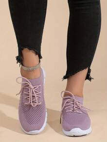 2023 新款女士針織輕量運動鞋,帶鞋帶,透氣網面,平底舒適鞋底,四季休閒穿著適用 - 紫色 - 查看 2