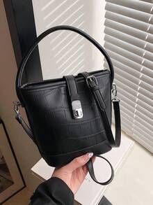 鱷魚紋桶包,非傳統設計手提袋,多功能肩背包,通勤全季斜揹包 - 黑色 - 查看 6