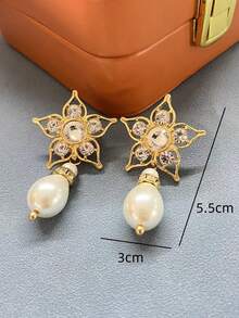 1 對新款法式復古五尖星耳環水鑽水滴形珍珠吊墜女式 - 彩色 - 查看 2