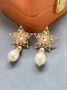 1 對新款法式復古五尖星耳環水鑽水滴形珍珠吊墜女式 - 彩色 - 查看 1