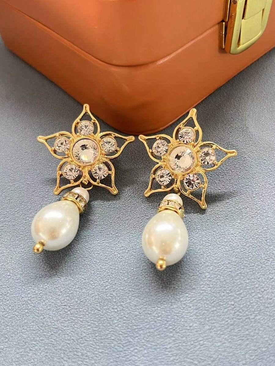 1 對新款法式復古五尖星耳環水鑽水滴形珍珠吊墜女式 - 彩色 - 查看 1