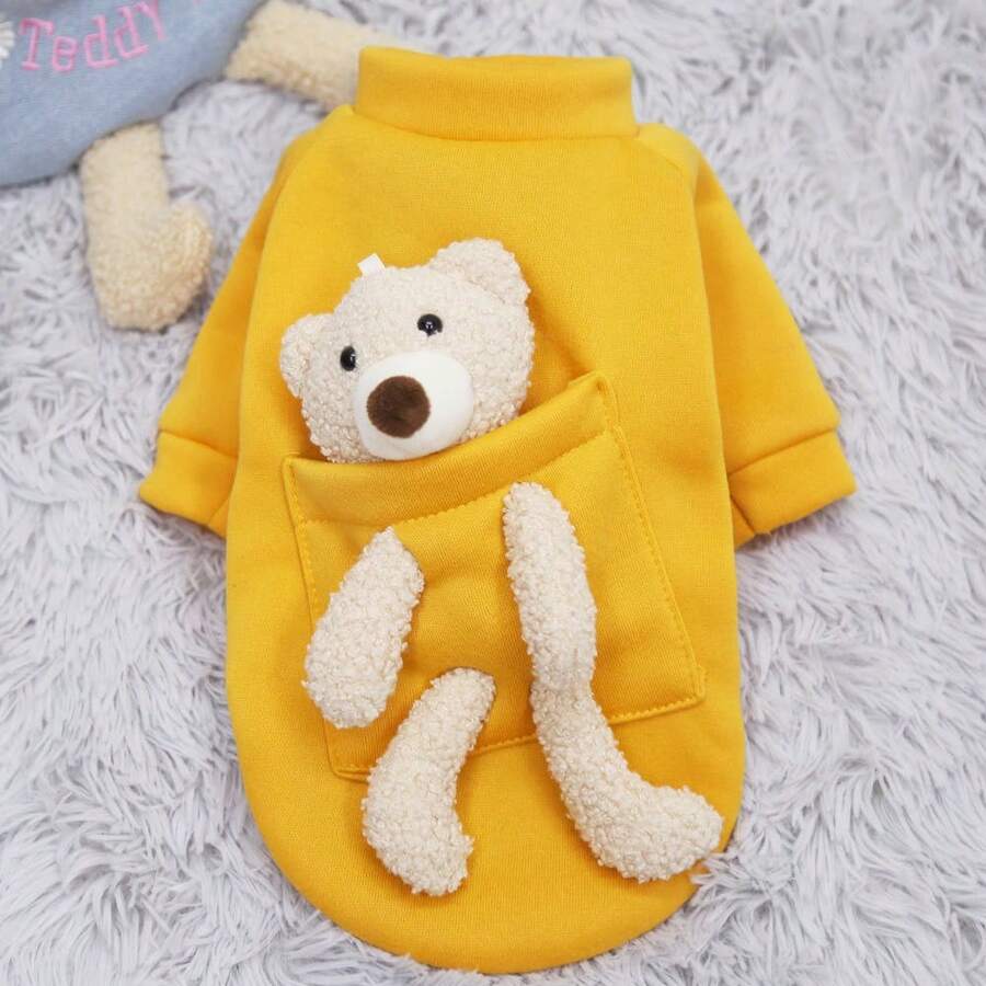 中型小狗狗狗衣服韓國秋季配件女式隔熱背心狗狗冬季衣服熊吉娃娃花式 - 黃色 - 查看 1