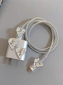 卡通闪亮心形1.5米绕线器+固线器+防断充电头+20w快充数据线 4件套 兼容数据线保护器、充电器保护器 - 灰色 - 查看 5