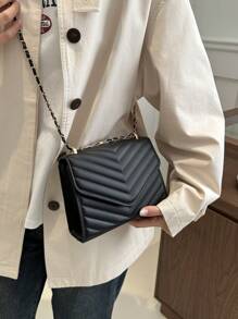 Fashionable Solid Color Women's Handbag,2024 New Style Pressed Texture, Chain Shoulder Bag, Small Square Bag, Korean Version, Crossbody Bag For Spring And Autumn - Black - View 6