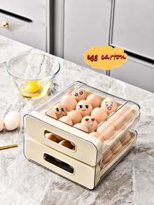 1入組冰箱透明蛋類收納盒,抽屜式盤,雙層蛋類保鮮網格 - 米色 - 查看 2