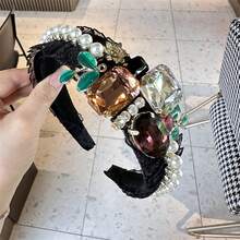 1pc Women's Vintage Crystal Decor Net Yarn & Pearl & Rhinestone Embellished Tiara Headband For Prom Dress Up - Black - View 7