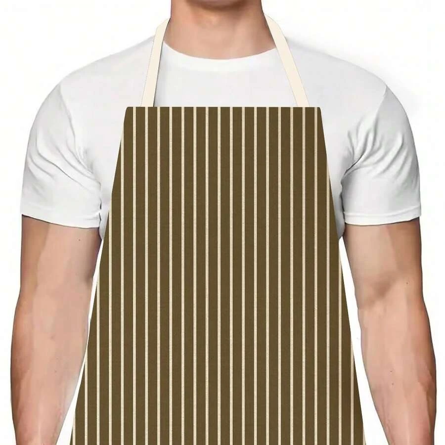 1件帶有條紋圖案的廚師圍裙,含亞麻條紋印花,防油功能,適用於廚房 - 卡其色 - 查看 1