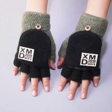 兒童編織暖手套,設有翻轉手套,卡通恐龍設計半指手套,適用於學生寫作、玩手機、騎自行車和防風,適用於秋冬季節 - 彩色 - 查看 3