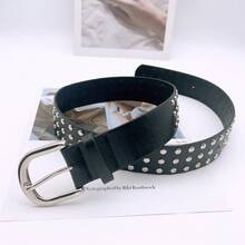 歐美風格復古朋克鉚釘皮帶,中性適用,適用於y2k、嘻哈,黑色丹寧帶 - 黑色 - 查看 3