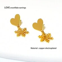 1pair Cross-Border Autumn, Winter, Spring Ins Style Copper Alloy Gold Plated Smooth Heart & Snowflake Dangle Earrings, Suitable For Women's Travel, Vacation, Fashionable Accessory - Gold - View 1