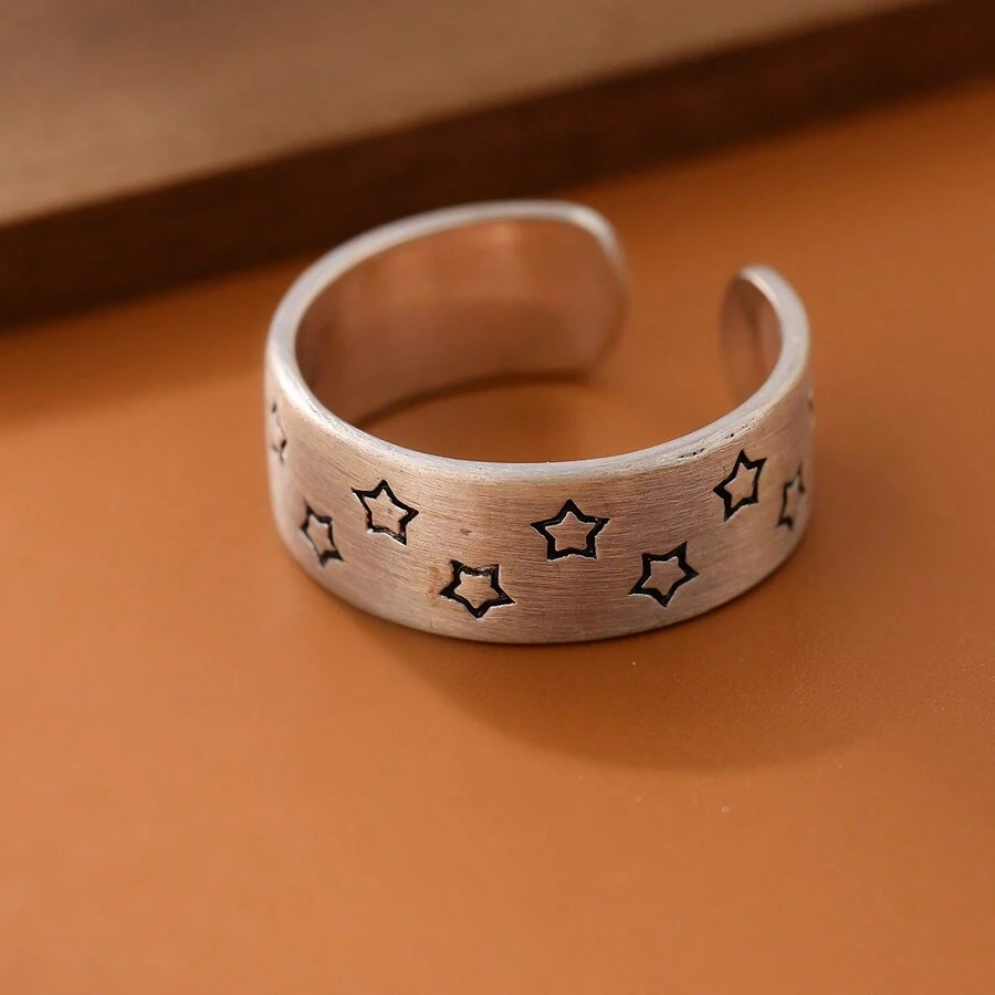 1入復古霧面星形開口戒指,適合女性日常佩戴 - 復古銀色 - 查看 1