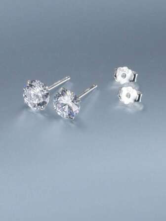 2pcs Fashionable 925 Silver Shiny Round 6.0mm Cubic Zirconia Stud Earrings For Women, Dating Gifts