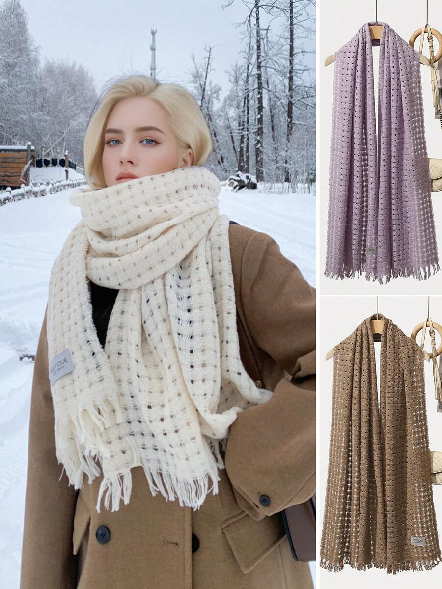 1條女士柔軟、親膚、時尚且多用途的中空邊鉤花圍巾,可以在秋冬季保暖 - 米色 - 查看 1