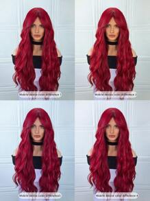 32-Inch Long Curly Wavy Red Wig With Bangs, Natural Looking, Heat-Resistant Fiber Material, Suitable For Girls' Halloween Party - Burgundy - View 7