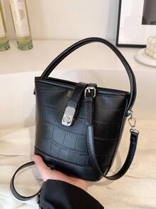 鱷魚紋桶包,非傳統設計手提袋,多功能肩背包,通勤全季斜揹包 - 黑色 - 查看 1