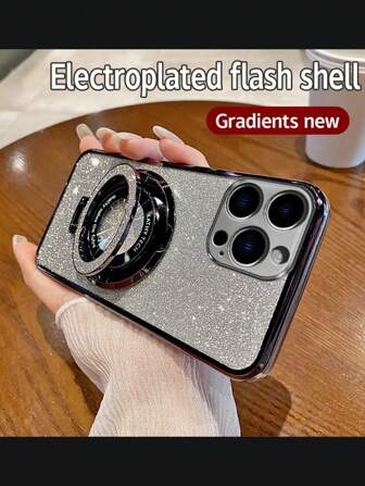 1 Pieza Negro Estuche De Teléfono Transparente Electropado Tpu A Prueba De Golpes Y 1 Pieza Soporte Magnético Para Automóvil Electropado Negro Con Purpurina Compatible Con Iphone, Android, Samsung, Xiaomi, Oppo