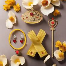 5入組公主配件套裝組合,皇冠手套項鍊權杖耳環戒指六件套,適用於女孩生日假日派對風格裝飾 - 黃色 - 查看 1