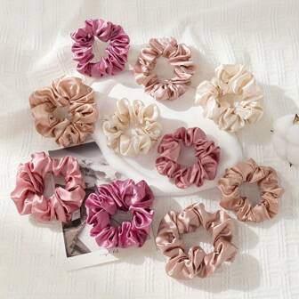 10pcs/Pack Pink Satin Hair Scrunchies - 5 Large & 5 Small Elegant Hair Ties For Women, Valentine's Day Gift Set Accessories