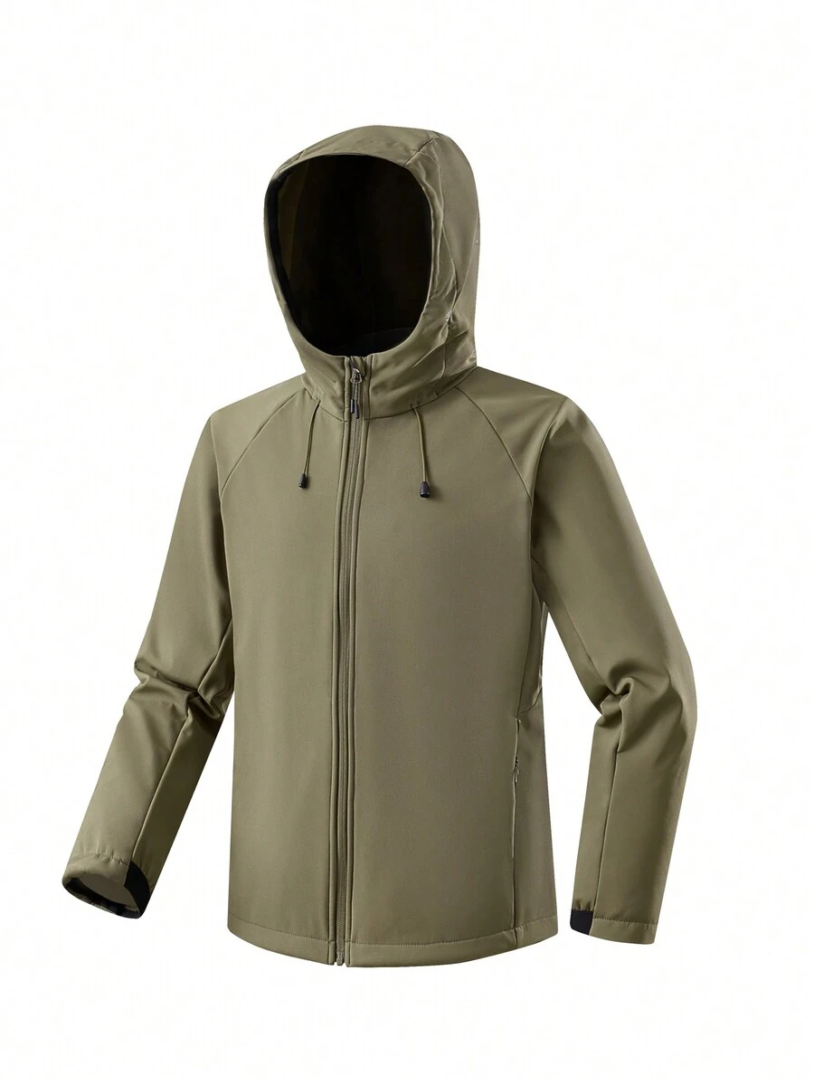 Men's Solid Color Hooded Comfortable Casual Compound Plush Hiking Windproof & Waterproof Outdoor Softshell Jacket - Green - View 1