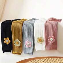 1pc Spring/Autumn Girls' Knitted Flower Decor Cropped Leggings, Soft And Comfortable Fabric, Can Fit - Black - View 1