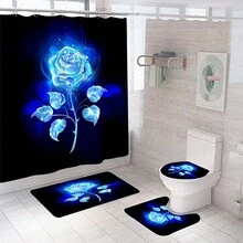 1/4Pcs Blue Rose Shower Curtain And Non-Slip Mat Set Beautiful Blue Rose Blooming In The Dark Night Pattern U Shape Toilet Rug And Toilet Lid Cover Bathroom Decor - Multicolor - View 1