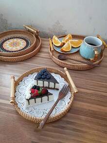 1pc Handmade Woven Wicker Basket, Perfect For Dinner Party, Home Storage, Heat-Resistant Triangle Pad, Ideal For Kitchen Supplies - Multicolor - View 7