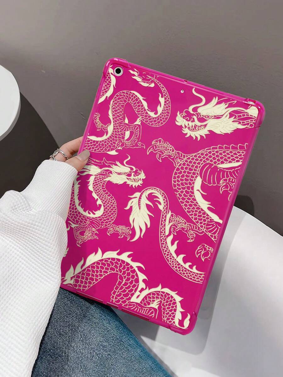 Funda suave y protectora contra golpes con estampado de dragón compatible con iPad, color rosa - Multicolor - Ver 1