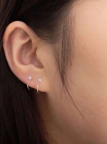 2pcs 925 Sterling Silver 2.0mm Round Cubic Zirconia Open C Design Hoop Earrings - Silver - View 1