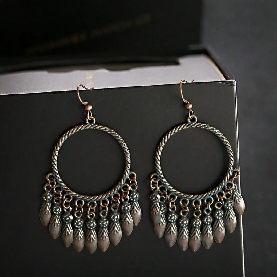 1 对复古青铜波西米亚风耳环大圆形垂坠流苏女式耳环 - 銅色 - 查看 1