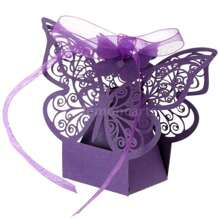 25入組雷射切割空心巧克力糖果盒金蝴蝶包裝盒批發帶絲帶婚禮派對禮品包裝 - 紫色 - 查看 1