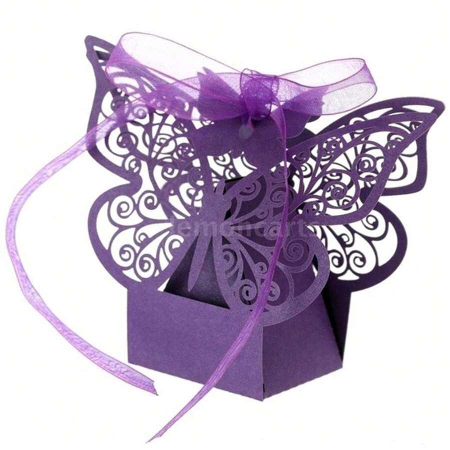 25入組雷射切割空心巧克力糖果盒金蝴蝶包裝盒批發帶絲帶婚禮派對禮品包裝 - 紫色 - 查看 1