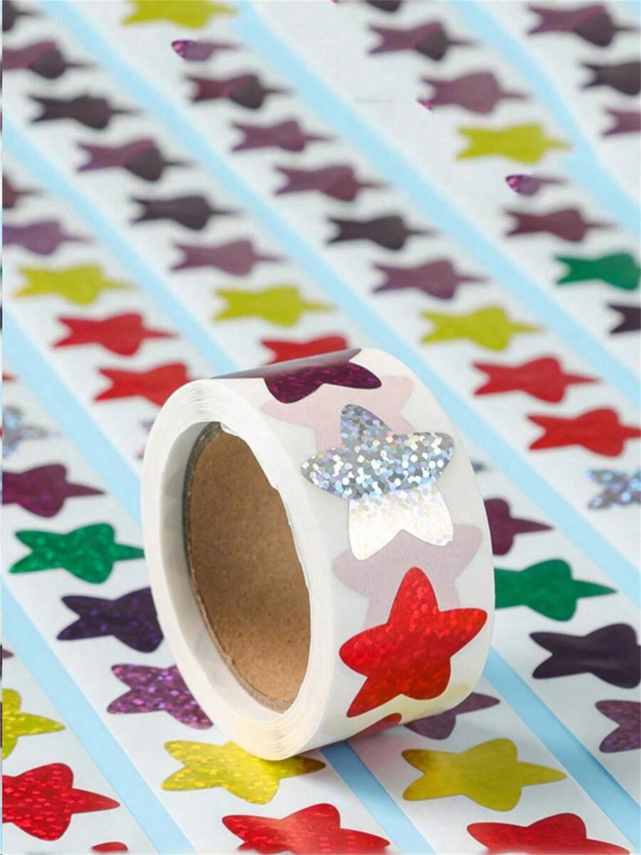 500 Pieces/Roll, 2.5cm Roll Packaging, Sealing, Hand Ledger Decoration, Self-Adhesive, Colorful, Shiny Star Stickers, Reward Chart Decoration - Multicolor - View 1