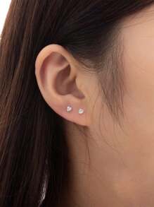 2pcs 925 Sterling Silver Heart-Shaped Earrings, Silver, Adorned With 3mm Shiny Zirconia, Women's Jewelry Valentines - Silver - View 1