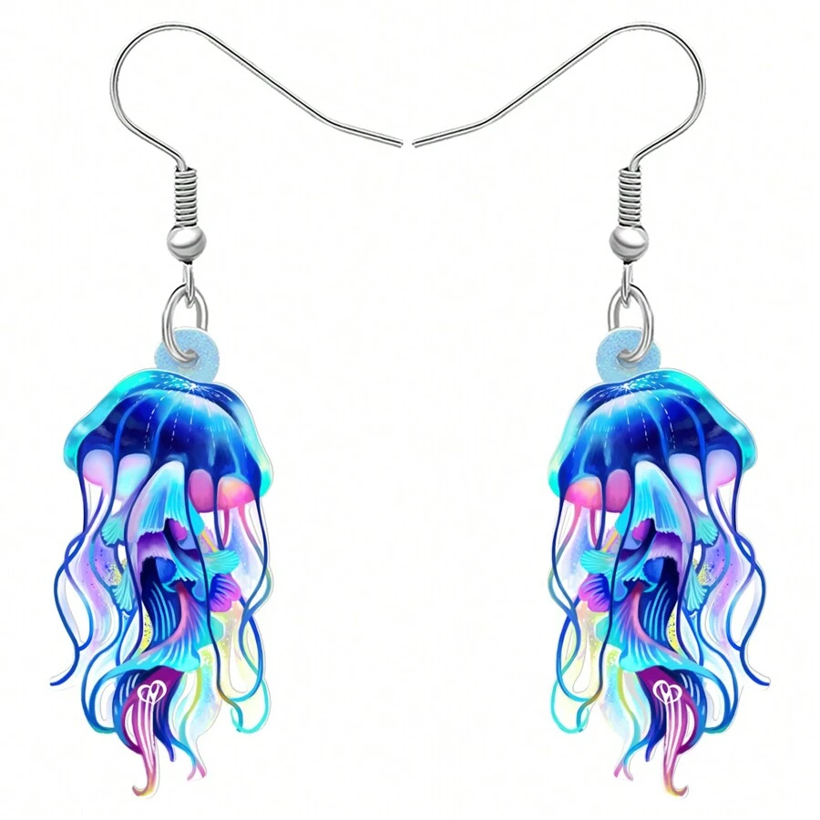 丙烯酸藍色海洋水母動物垂墜耳環,時尚珠寶派對裝飾女士女孩禮品 - 藍色 - 查看 1