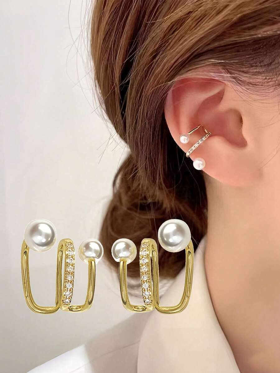 1對s925銀製人造珍珠和立體切割方形氧化鋯石耳夾,優雅多變,適用於日常佩戴婚禮訂婚新娘珠寶 - 金色 - 查看 1