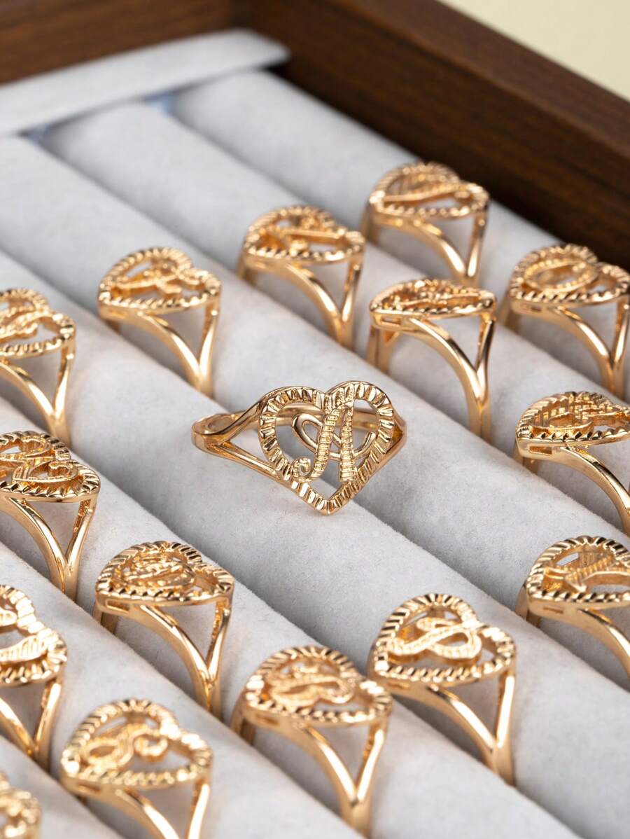 1枚时尚心形字母设计戒指，适合女性日常佩戴，情人节礼物 - 金黃色 - 查看 1