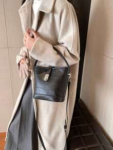 鱷魚紋桶包,非傳統設計手提袋,多功能肩背包,通勤全季斜揹包 - 黑色 - 查看 2