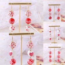 1 Pair Of Creative Spherical Pink Valentine's Day Atmosphere Wooden Women Earrings Heart Pattern Earrings - Pink - View 11