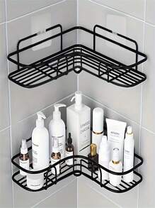 1pc Bathroom Storage Rack, Shower Shelf In White/Black, Non-Drilling Bathroom Tripod, Equipped With 2 Seamless Stickers Wall Mounted Makeup Table For Bathroom Or Kitchen Storage And Organizing Home Bathroom Decor Bathroom Accessories Bathroom Organizer Summer - Triangular Storage Rack - View 6