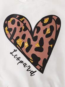 Young Girl Leopard Heart Pattern Round Neck Sweatshirt And Leggings Set - White - View 4