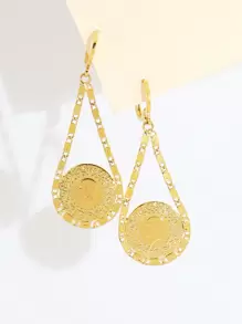 1對簡約金幣頭耳環,圓形吊墜耳環,銅質珠寶,適合女性日常佩戴 - 金黃色 - 查看 3