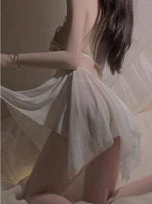 1set Butterfly Hollow Out Skirt Set, Role Play Hanging Neck Velvet Pad Butterfly Swing Skirt, Perfect Auto Bra Pad Backless - White - View 5