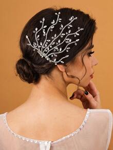 1pc Bride Side Hair Comb Decorated With Handmade Pearls & Rhinestones Hair Accessory - Silver - View 4