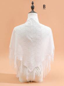 1入組女士白色針織空心花邊和流蘇細節三角圍巾,全季節適用的休閒風格多功能披肩,日常、防曬、透氣、頭巾 - 彩色 - 查看 13