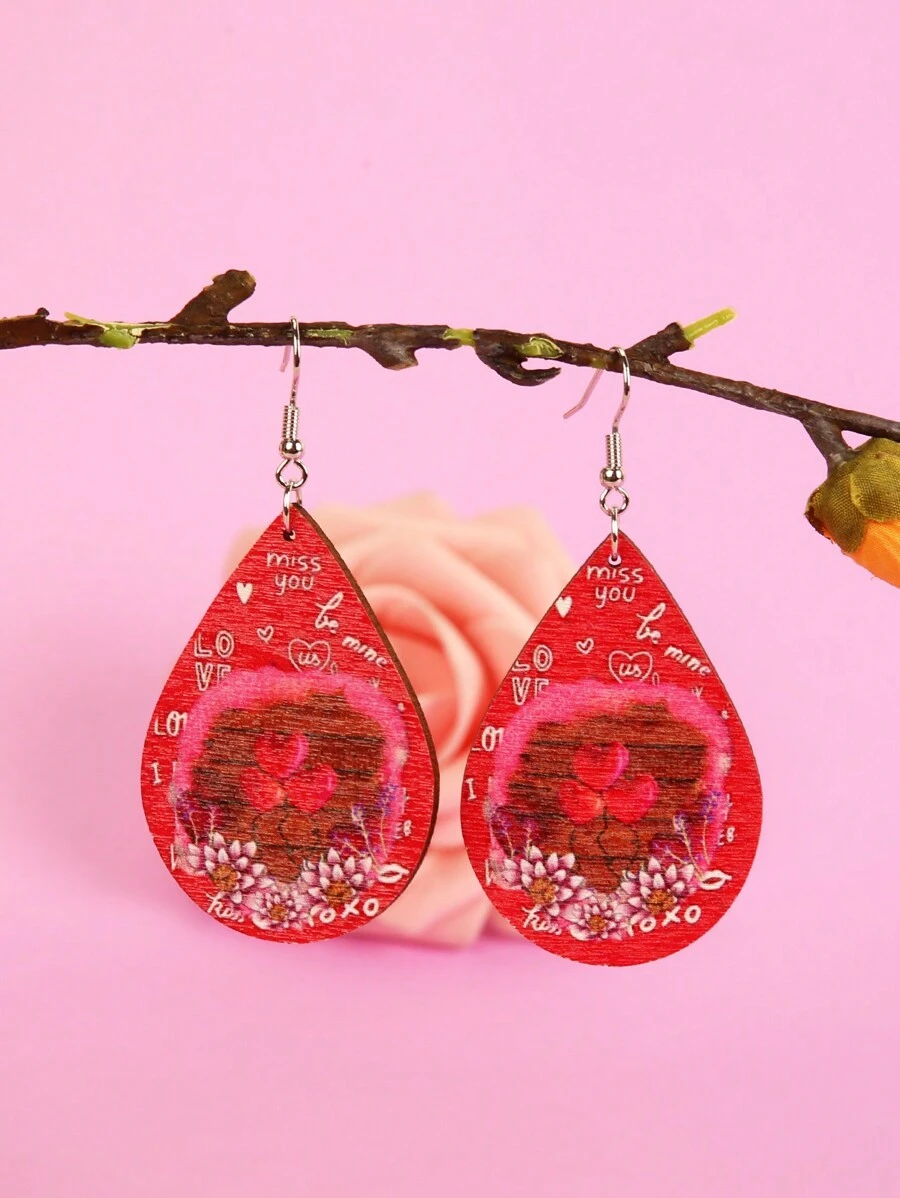 1對女性情人節新款心形花朵和木頭水滴耳環。非常適合送給朋友,女性和最好的朋友 - 彩色 - 查看 1