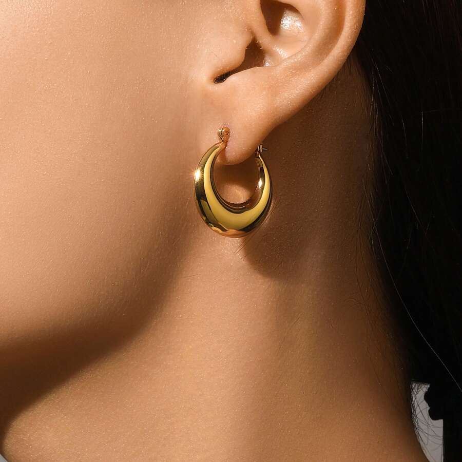 C-Shaped Simple Moon Hoop Earrings For Fall Women's Daily Wear - Silver - View 1