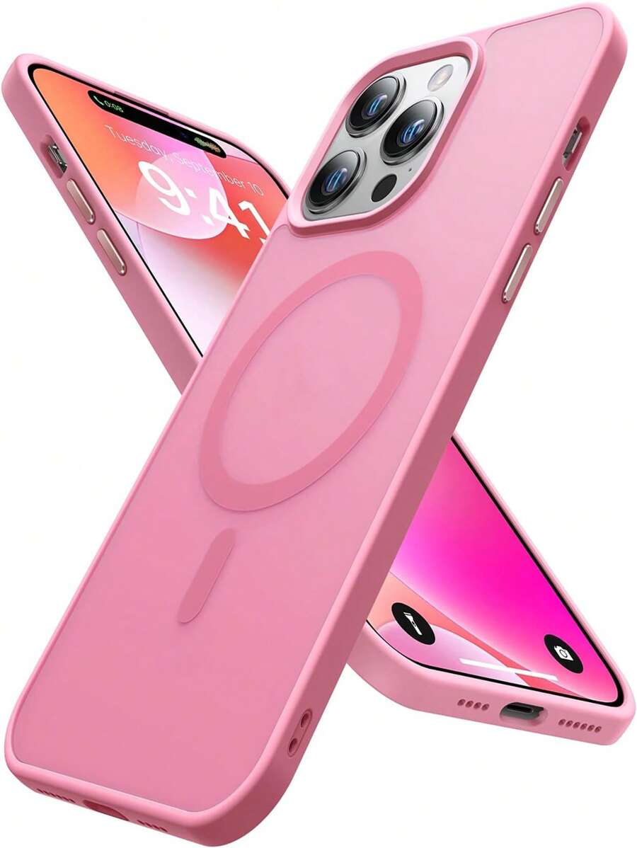 Funda magnética para teléfono en color rosa manzana [compatible con MagSafe y con protección de grado] ultradelgada y protectora, de terminado mate translúcido con protector de lente desmontable