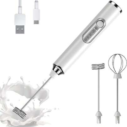 1pc Handheld Electric Milk Frother, White, Electric Whisk Coffee Mixer, With 2 Replaceable Stainless Steel Stirrers, 3 Speeds, Usb Rechargeable Milk Foam Maker, Suitable For Coffee